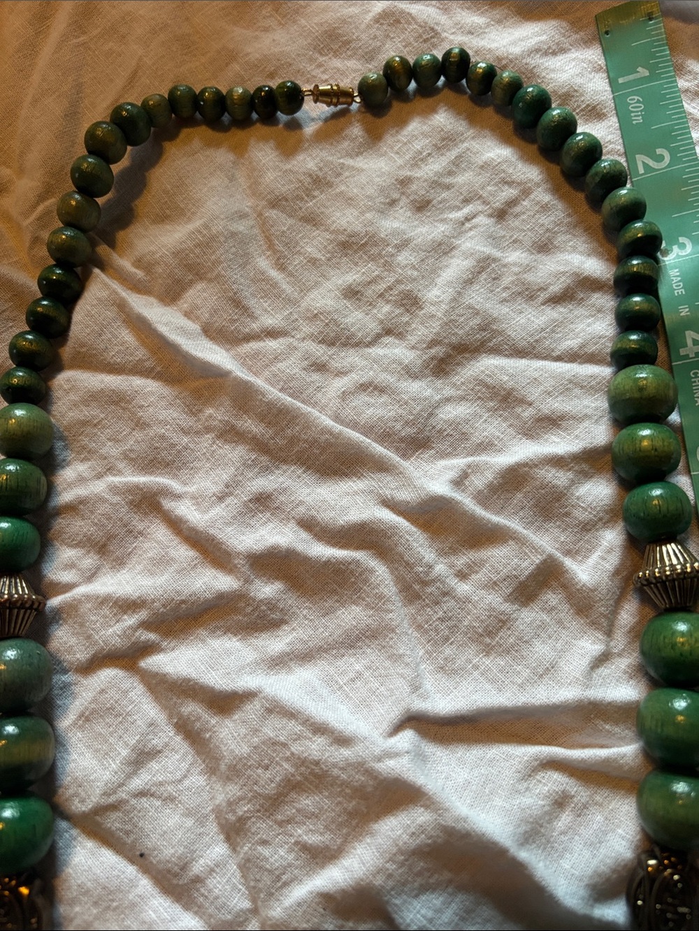 Green Beaded Statement Necklace with Antique Brass Accents - Picture 3 of 7